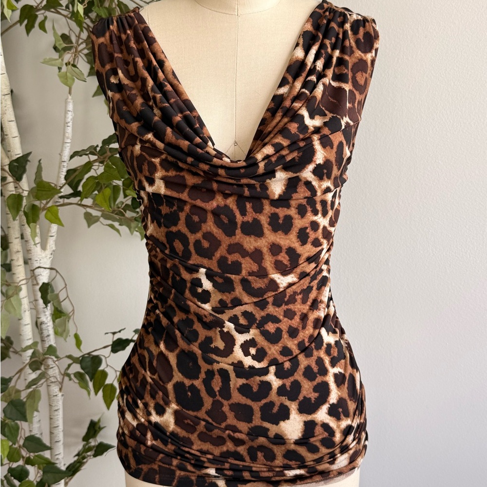 Leopard Print Cowl Neck Tight & Long Going-Out Stretchy Top
